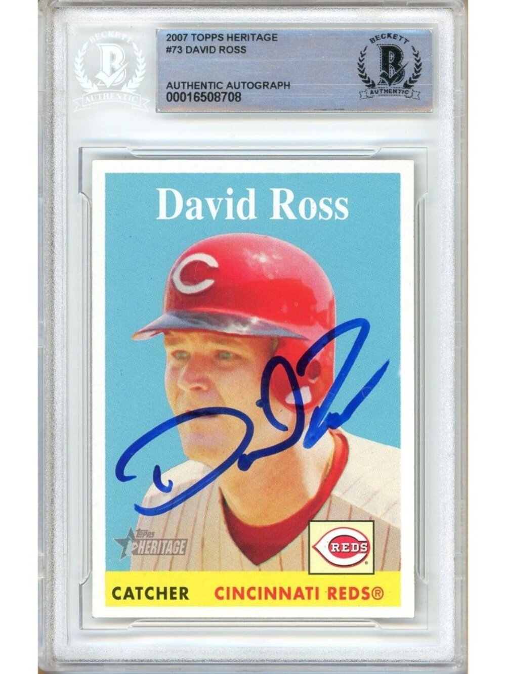 David Ross Signed 2007 Topps Heritage #73 Cincinnati Reds Beckett BAS Slabbed